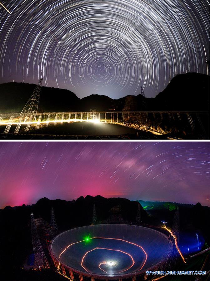 GUIZHOU, julio 3, 2016 (Xinhua) -- Imagen combinada de la vista nocturna del Telescopio de Apertura Esférica de 500 metros o "FAST", en el condado de Pingtang, provincia de Guizhou, en el suroeste de China del 1 de septiembre de 2014 (arriba) (Imagen proporcionada por el Observatorio Astronómico Nacional de la Academia China de Ciencias) y una imagen del "FAST" casi terminado del 27 de junio de 2016 (abajo) (Imagen de Ou Dongqu, reportero gráfico de Xinhua). La instalación del mayor radiotelescopio del mundo finalizó el domingo por la ma?ana después de que la última pieza de los 4,450 paneles se fijara en el centro del enorme reflector. El proyecto cuenta con el potencial de rastrear más objetos extra?os para entender mejor el origen del universo e impulsar la búsqueda global de vida extraterrestre. (Xinhua/Str)