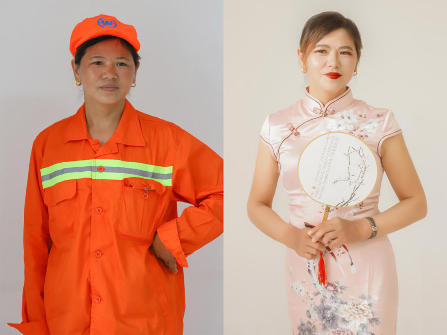 Una trabajadora de servicios comunales de Nanjing experimenta un antes y un después en estas dos fotos que la presentan con uniforme de trabajo (izquierda) y arreglada para salir a pasear (derecha). [Foto: Universidad de Aeronáutica y Astronáutica de Nanjing]