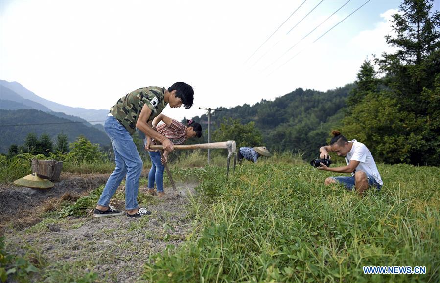 Zhang Hui (izquierda) graba videos de la cosecha de maní con su compa?ero en un campo de maní en la ciudad de Dongping del condado de Anhua, provincia de Hunan, en el centro de China, el 22 de agosto de 2019.