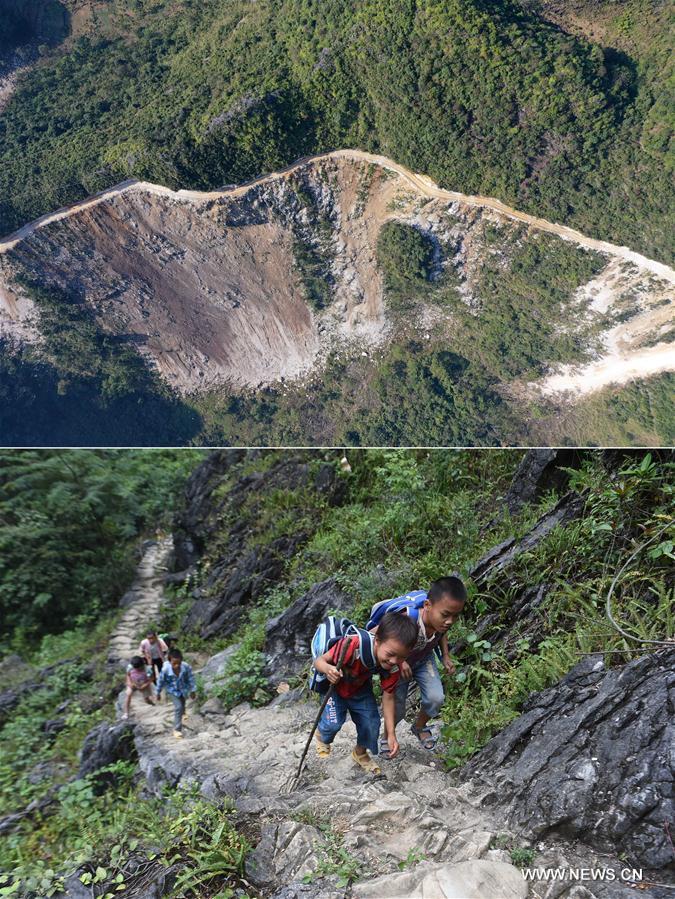 La foto combinada muestra una carretera finalizada (arriba, 11 de noviembre de 2019) y a estudiantes que regresan a casa caminando por las monta?as (abajo, 23 de septiembre de 2016) en la aldea Bahao del condado autónomo Yao de Dahua, en la región autónoma Zhuang de Guangxi, al sur de China. 