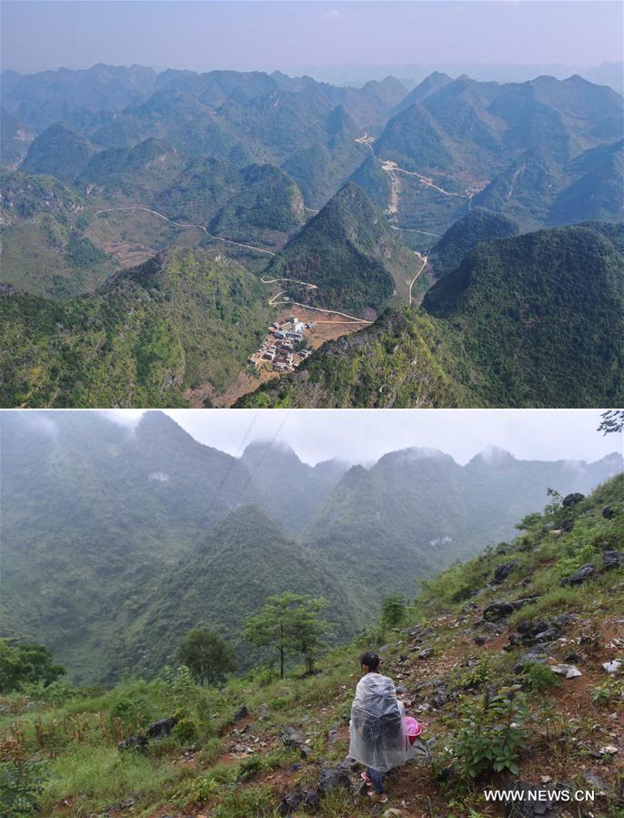 La foto combinada muestra varias carreteras finalizadas (arriba, 11 de noviembre de 2019) y a estudiantes que regresan a casa caminando por las monta?as (abajo, 1 de septiembre de 2016) en la aldea Bahao del condado autónomo Yao de Dahua, en la región autónoma Zhuang de Guangxi, al sur de China. 