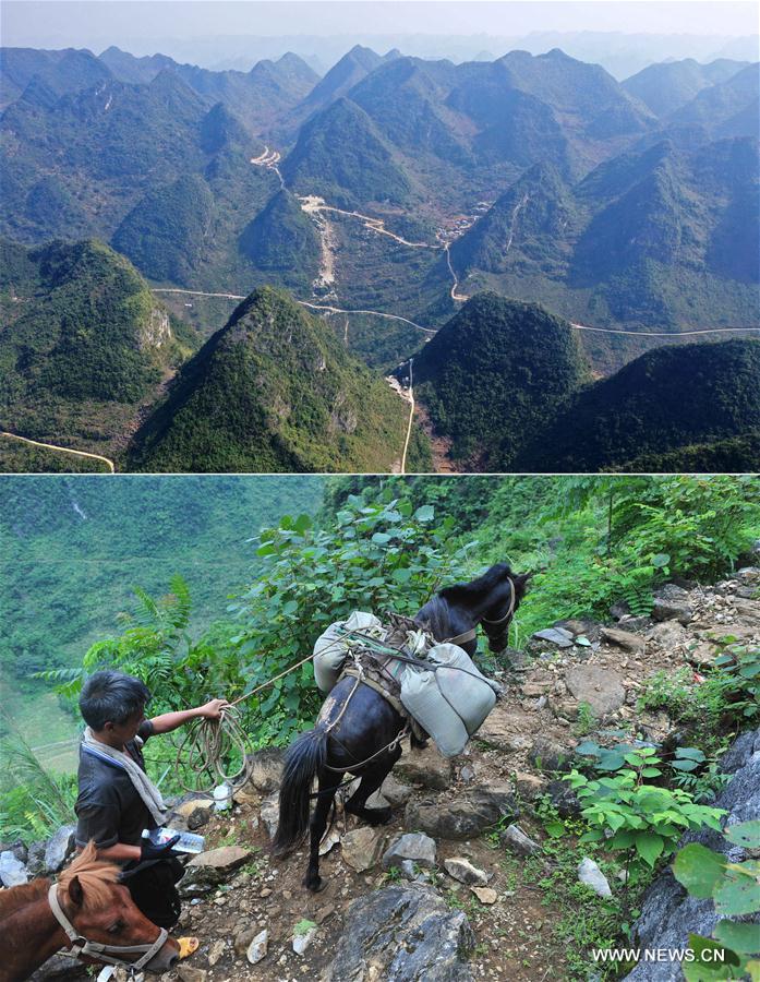 La foto combinada muestra varias carreteras finalizadas (arriba, 11 de noviembre de 2019) y a un aldeano con dos caballos de transporte en las monta?as (abajo, 18 de junio de 2014) en la aldea Nongyong del condado autónomo Yao de Dahua, en la región autónoma Zhuang de Guangxi, al sur de China. 