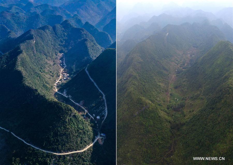 La foto combinada muestra unas carreteras de cemento finalizadas entre las monta?as (izquierda, 11 de noviembre de 2019) y el mismo lugar sin las carreteras de cemento (derecha, 3 de noviembre de 2015) en la aldea Bahao del condado autónomo Yao de Dahua, en la región autónoma Zhuang de Guangxi, al sur de China.