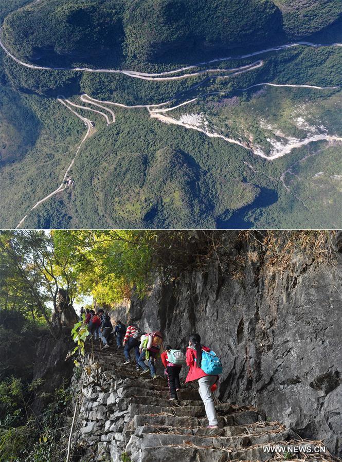 La foto combinada muestra varias carreteras finalizadas (arriba, 12 de noviembre de 2019) y a los estudiantes que regresan caminando por las monta?as (abajo, 9 de diciembre de 2016) en la aldea Nongliang del condado autónomo Yao de Dahua, en la región autónoma Zhuang de Guangxi, al sur de China.