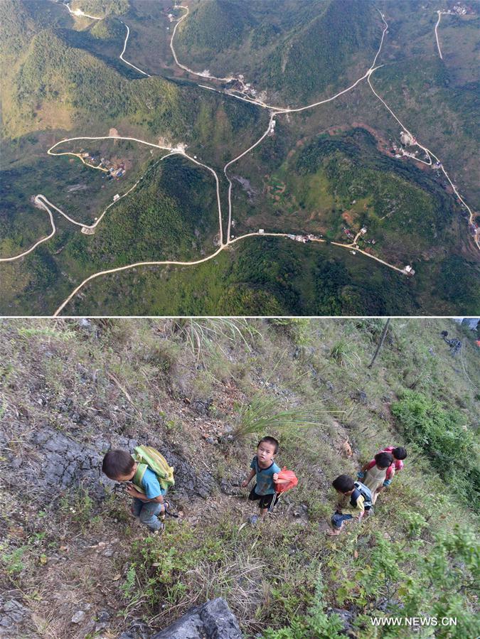 La foto combinada muestra varias carreteras finalizadas (arriba, 10 de noviembre de 2019) y a los estudiantes que regresan a casa caminando por las monta?as (abajo, 26 de octubre de 2016) en la aldea Nongxiong del condado autónomo Yao de Dahua, en la región autónoma Zhuang de Guangxi, al sur de China. 