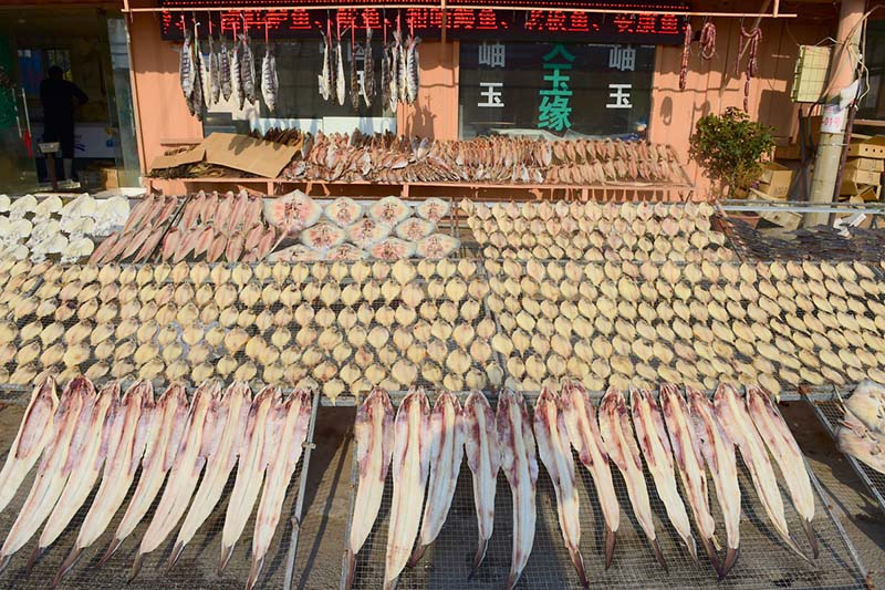 Imagen de pescado salado seco en la entrada de una tienda en el vecindario Wanggezhuang de Qingdao, en la provincia de Shandong, este de China. Se trata de una estampa típica del duodécimo mes del calendario lunar chino, conocido como layue en chino. [Fotos de Wang Hua / para chinadaily.com.cn]