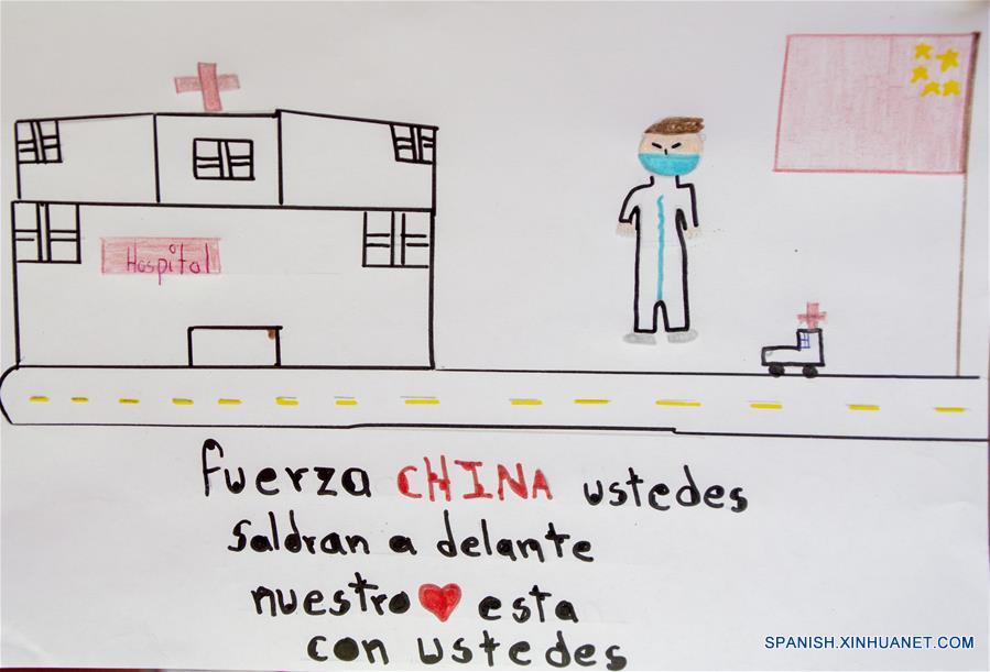 QUITO, 11 febrero, 2020 (Xinhua) -- Imagen del 8 de febrero de 2020 del dibujo que elaboró Aillyn Iza, de 10 a?os, con el mensaje "Fuerza China ustedes saldrán adelante, nuestro corazón está con ustedes", en solidaridad con China en su lucha contra el coronavirus, en Quito, capital de Ecuador. (Xinhua/Santiago Armas)