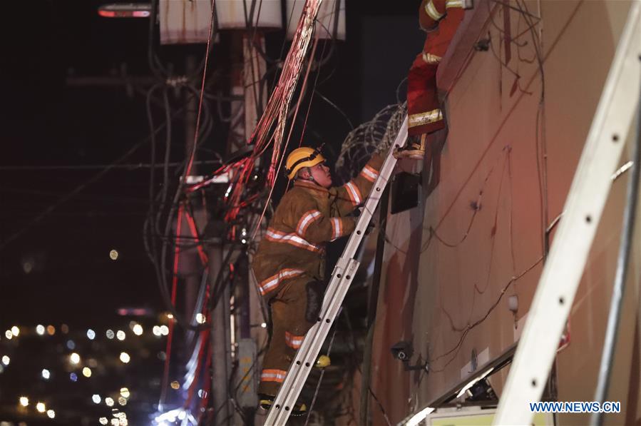 TEGUCIGALPA, 16 febrero, 2020 (Xinhua) -- Bomberos trabajan para apagar un incendio de locales comerciales en el centro de Tegucigalpa, Honduras, el 16 de febrero de 2020. Un incendio en el casco histórico de Tegucigalpa, capital de Honduras, arrasó cinco negocios la tarde del domingo, sin que se reportaran víctimas mortales, informó el Cuerpo de Bomberos. (Xinhua/Rafael Ochoa)