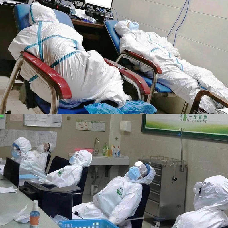 Los trabajadores de la salud del Hospital Jinyintan toman un descanso. ?[Foto: Xinmin Semanal]