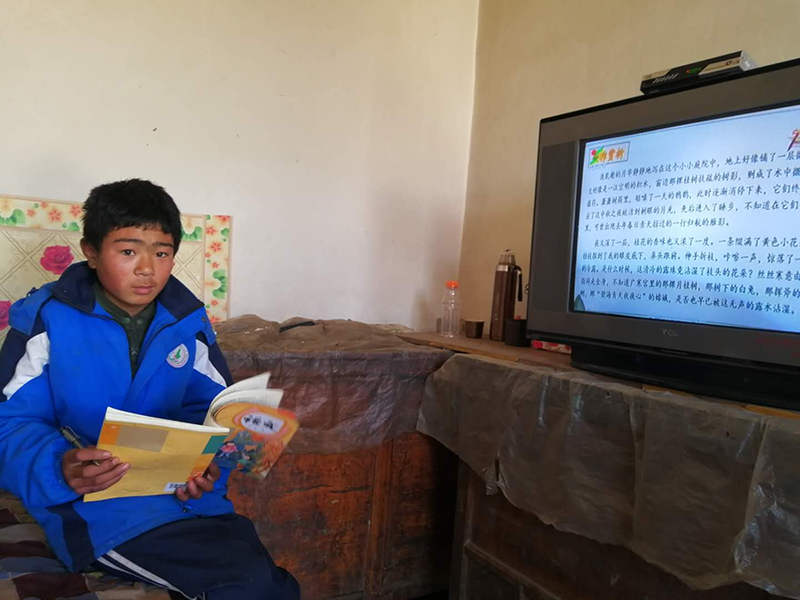 Un estudiante participa en una clase en línea por televisión en Guyuan, región autónoma de Ningxia Hui. ?[Foto: Chen Jianlei / Chinadaily]