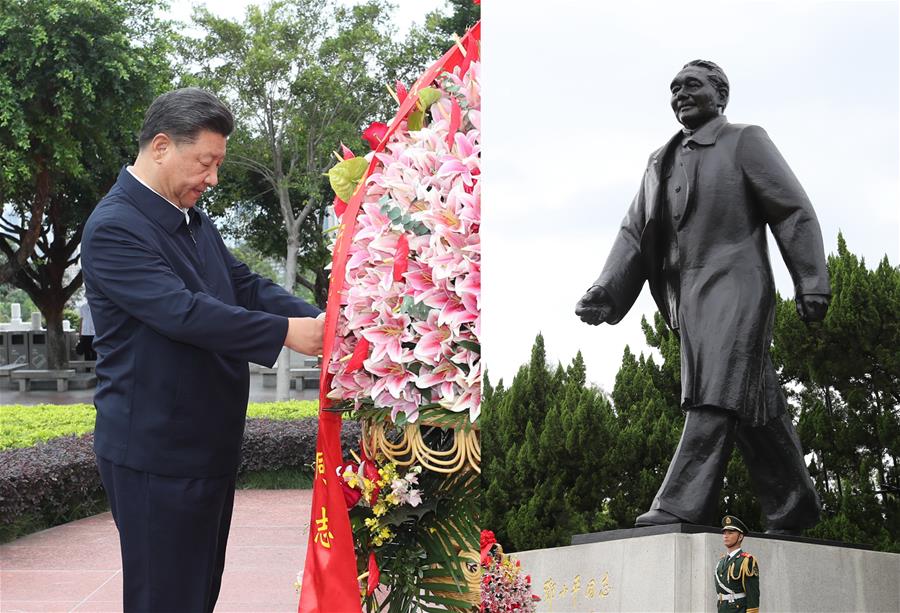 SHENZHEN, 14 octubre, 2020 (Xinhua) -- El presidente chino, Xi Jinping, también secretario general del Comité Central del Partido Comunista de China y presidente de la Comisión Militar Central, coloca una cesta floral en la estatua del camarada Deng Xiaoping, ubicada en el parque Lianhuashan, en Shenzhen, provincia de Guangdong, en el sur de China, el 14 de octubre de 2020. Xi asistió el miércoles a una gran celebración con motivo del 40o aniversario del establecimiento de la Zona Económica Especial de Shenzhen y pronunció un discurso importante. (Xinhua/Wang Ye)