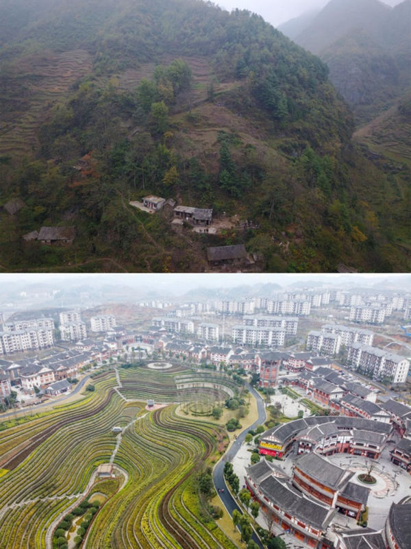 Montaje que compara la aldea Juhe en Dafang, provincia de Guizhou, donde vivió la familia de Li Gang (foto superior) y la nueva vida de Li en la comunidad de reubicación en Shexiang, zona muy popular y turística, 10 de noviembre del 2017. [Foto: China Daily]