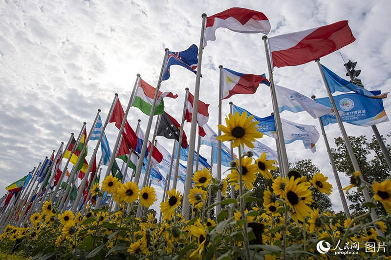 Banderas ondean en la sede principal CIIE 2021