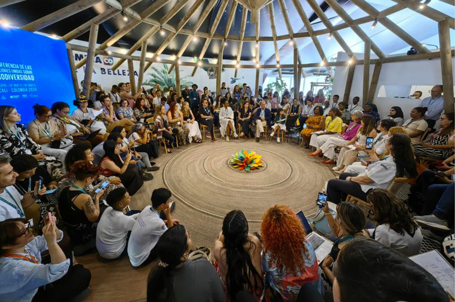 Imagen del 22 de octubre de 2024 de personas particpando en un evento en el pabellón de Colombia de la Zona Azul, en el marco de la decimosexta Conferencia de las Partes (COP16) sobre Diversidad Biológica en el Centro de Eventos Valle del Pacífico, en la ciudad de Cali, Colombia. (Xinhua/César Mari?o)