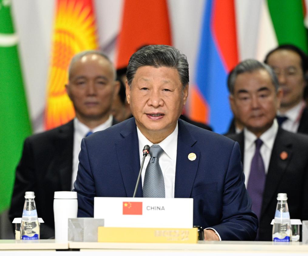 El presidente chino, Xi Jinping, pronuncia un importante discurso titulado "Combinar la Gran Fuerza del Sur Global para Construir Juntos la Comunidad de Futuro Compartido de la Humanidad" en el diálogo de líderes "BRICS Plus", en Kazán, Rusia, el 24 de octubre de 2024. (Xinhua/Li Xueren)